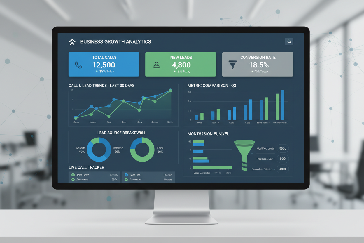 Digital dashboard showing tracked leads, calls, and conversions, modern interface, realistic