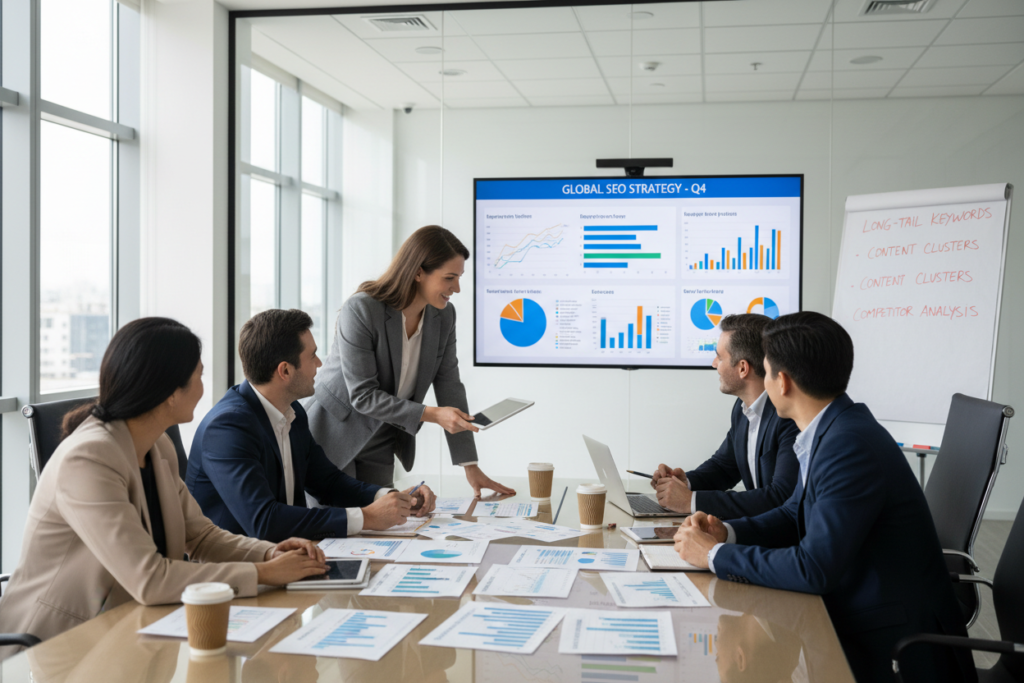 Team analyzing keyword strategy for Google Ads