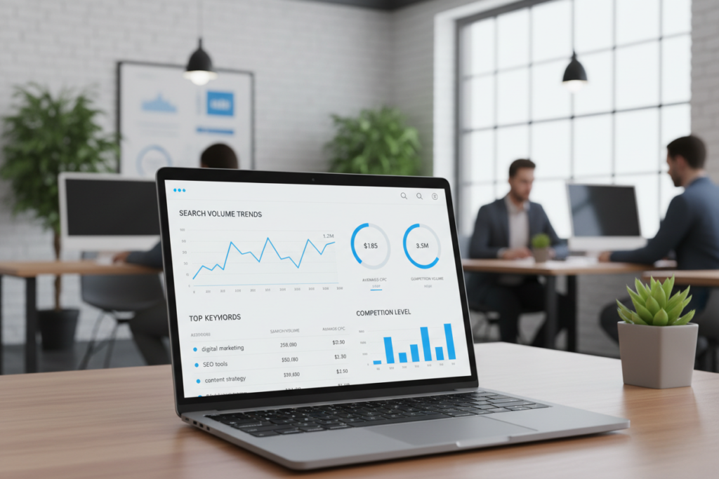 Keyword research dashboard showing CPC and search volume