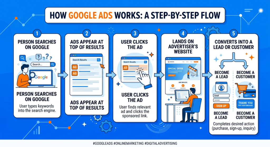 How Google Ads works, search to lead conversion flow diagram