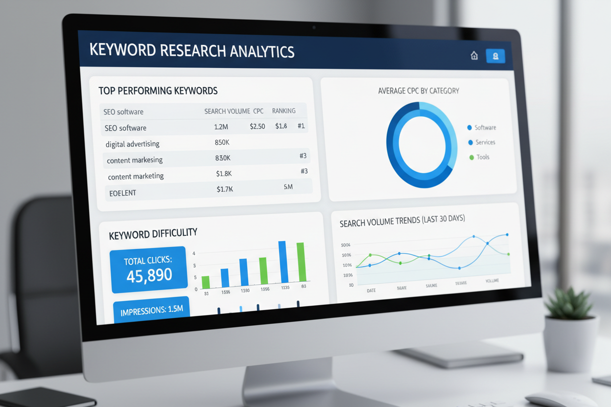 Google Ads keyword research dashboard with search volume and CPC